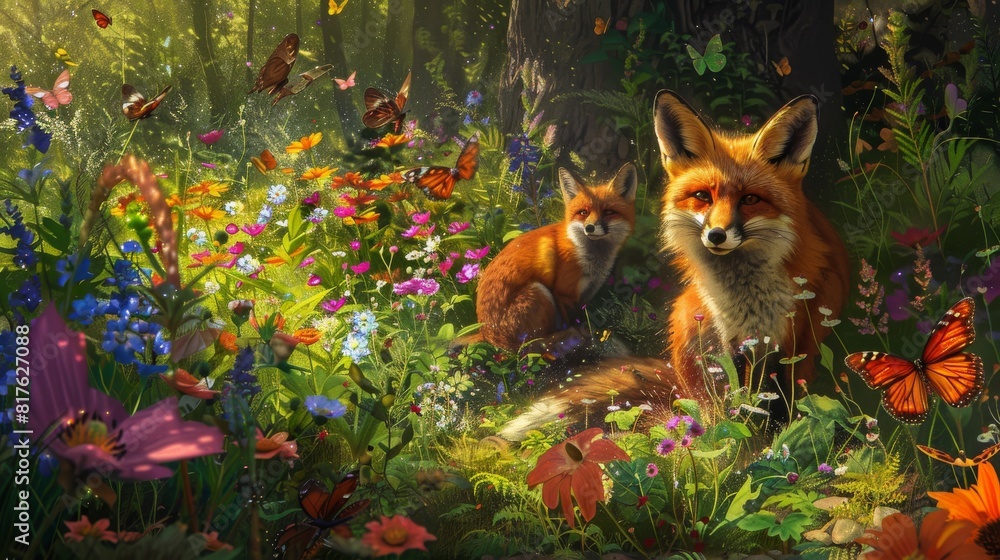 Poster a painting of a forest with a fox and butterflies. the fox is sitting in the grass and the butterfli