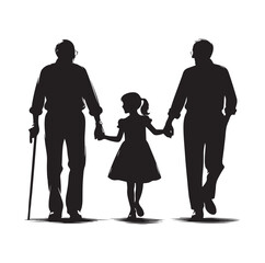 Silhouette  of grandparents walking with 
granddaughter Illustration icon vector