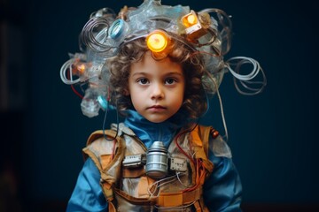 Fototapeta premium Portrait of a child proudly wearing a costume made from upcycled materials, fostering creativity and environmental awareness through DIY fashion