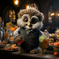 Owl with juice and candlestick in the kitchen