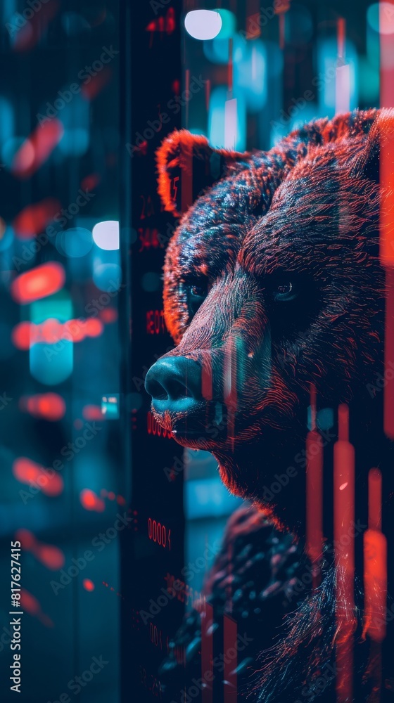 Aufkleber a bear is staring at the camera with a blurry background. the bear is surrounded by a colorful and a