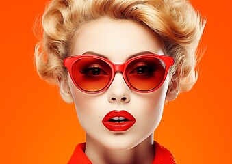 Stylish Retro Woman in Red Sunglasses on Orange Background Portrait