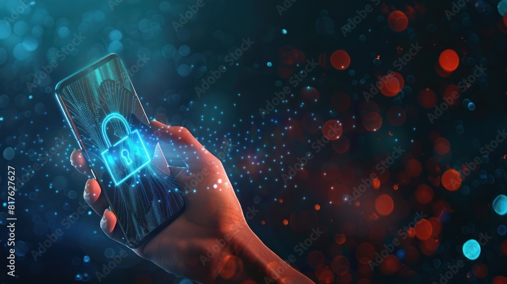 Poster smart phone with padlock hologram ,cyber security concept. security data