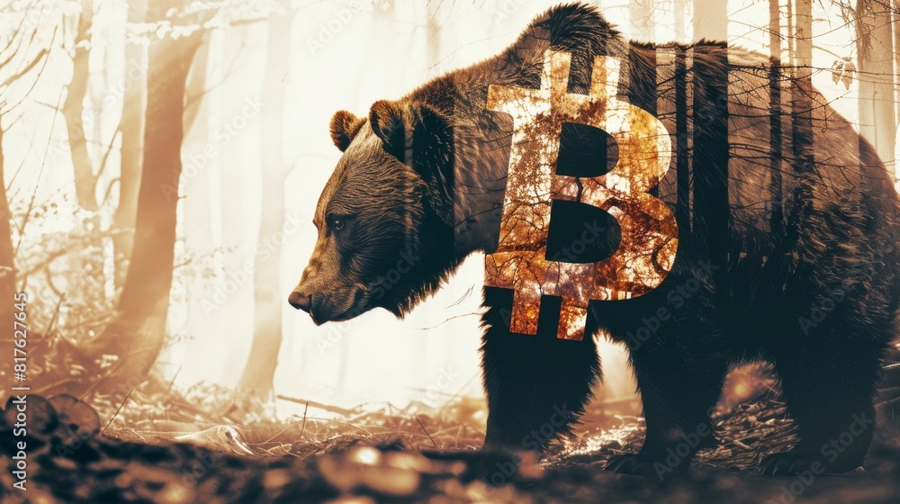 Aufkleber A bear is walking through a forest with the letters B and H on its back. The bear is surrounded by trees and the sky is in the background. The image has a dark and mysterious mood