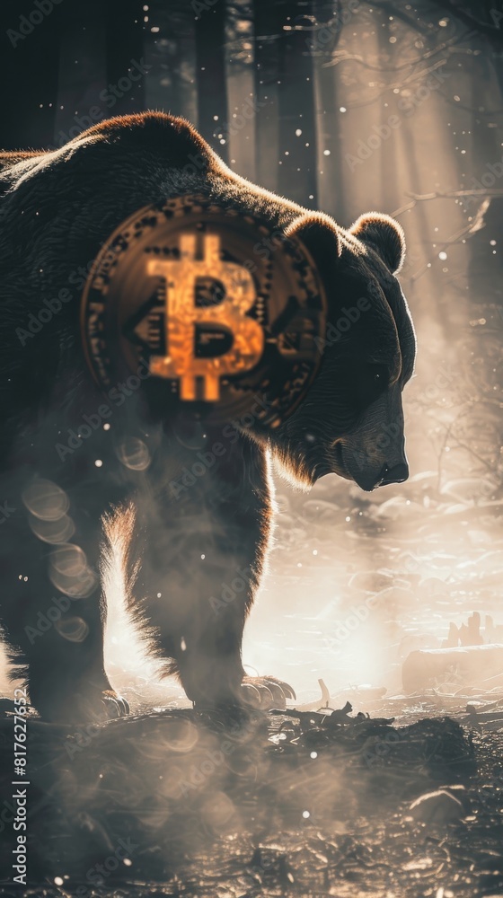 Poster a bear is standing in a forest with a bitcoin symbol on its back. the bear is surrounded by smoke, g