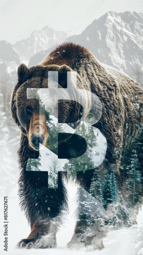 Poster A bear is walking through a forest with the letters B and N on its back. The bear is surrounded by trees and snow, creating a serene and peaceful atmosphere. The image is a creative