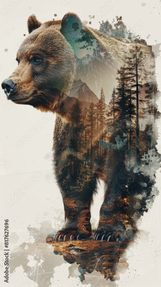 Poster A bear is standing in a forest with trees in the background. The bear is the main focus of the image, and it is looking at the camera