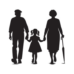 Silhouette  of grandparents walking with 
granddaughter Illustration icon vector