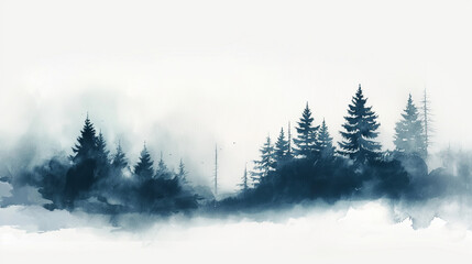 Watercolor illustrations, minimalist watercolor paintings depicting tall pine trees, misty sunrise, soft colors,