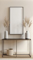 A blank poster frame sits on top of an elegant console table, with a beige wall in the background under soft lighting, the style should be modern and minimalist, the mood peaceful and serene.