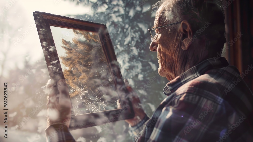 Poster An old man holding a picture frame with a tree in it
