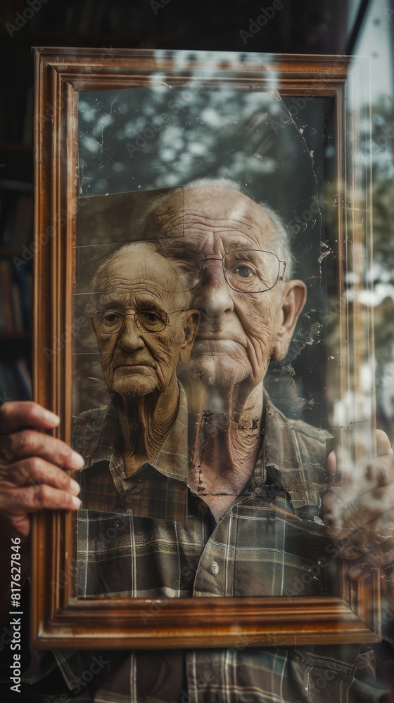 Poster a man holding a picture of himself in a frame. the man is old and has a beard