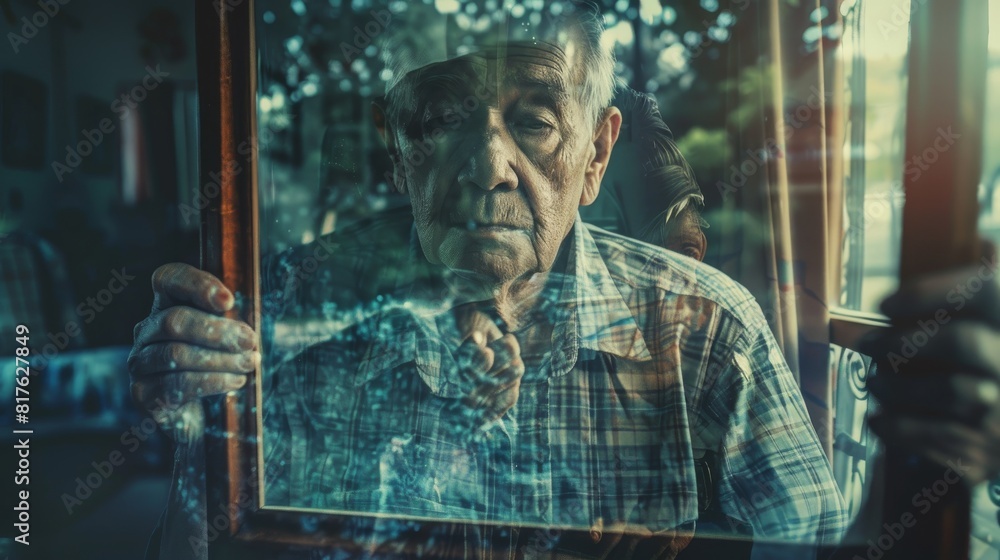 Poster a man is looking at his reflection in a window. the image has a melancholic mood, as the man is lost