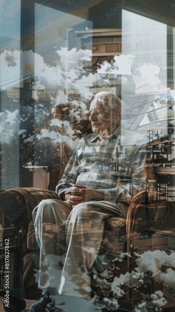 Poster a man is sitting in a chair looking out the window. the image is blurry and distorted, giving it a d