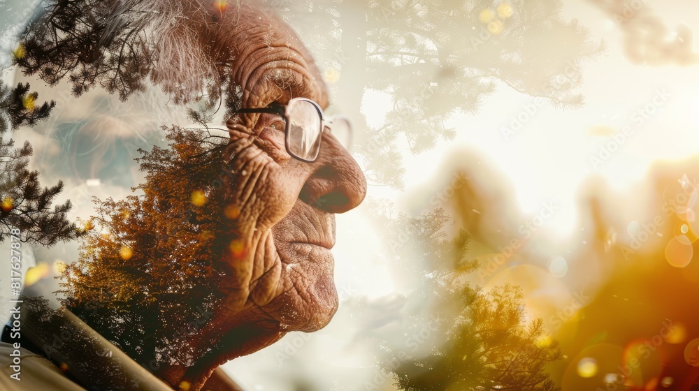 Poster a man with glasses is looking out at the trees. the image has a nostalgic and contemplative mood, as