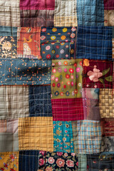 Closeup view of a patchwork quilt, with different fabrics and stitching patterns contributing to the textured design. 