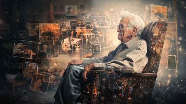 An old man sits in a chair with a collage of photos surrounding him. The photos are of people and objects, and the man is looking at them