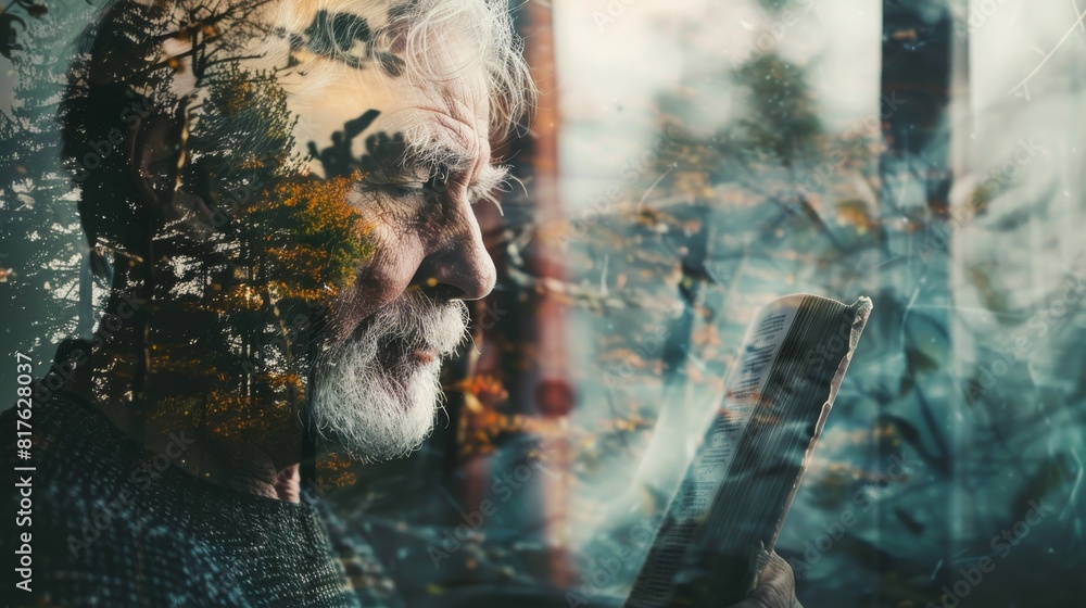 Poster a man is reading a book while looking out the window. the image has a dreamy, nostalgic feel to it, 