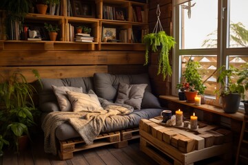 
Photo featuring a cozy reading nook furnished with upcycled pallet wood furniture and handmade cushions, creating a sustainable and inviting space for relaxation
