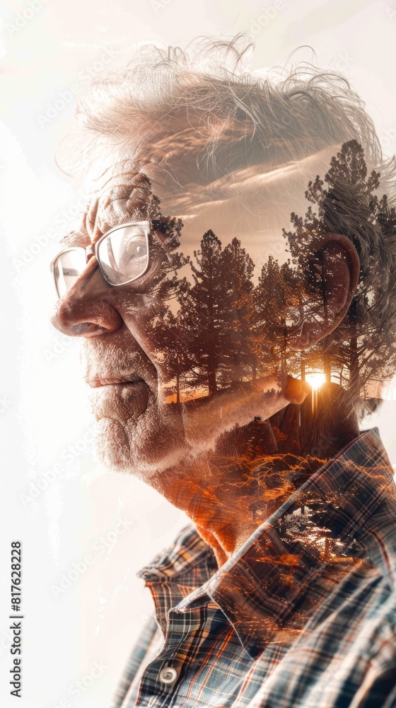 Poster A man with glasses is the main subject of the image. The background features trees and a sunset, creating a serene and peaceful atmosphere. The man's reflection in the water adds a sense of depth