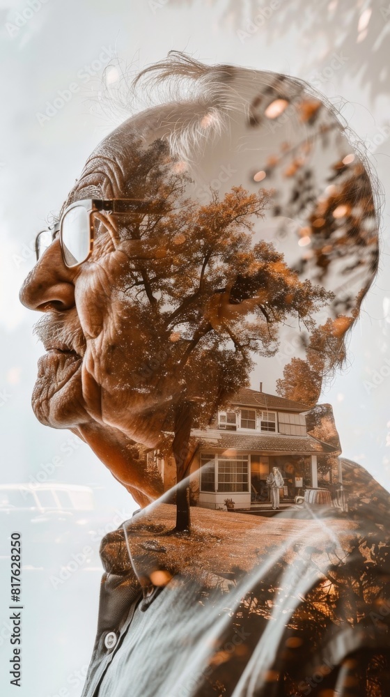 Aufkleber a man's face is shown in a distorted way, with a house and trees in the background. concept of nosta