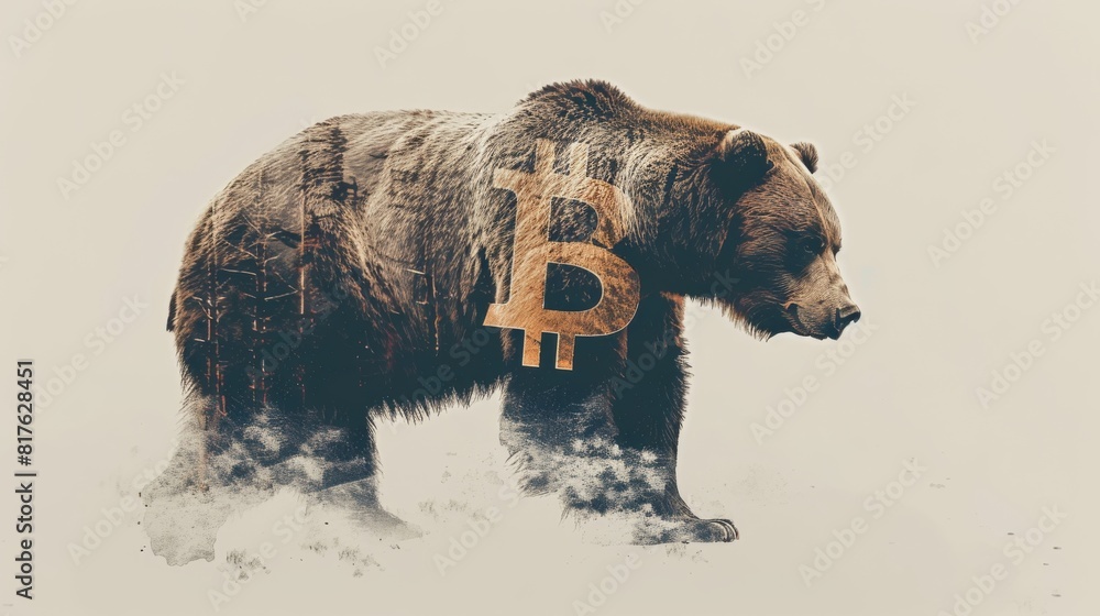 Poster a bear is walking through a snowy forest with a large b on its back. the bear is surrounded by a blu