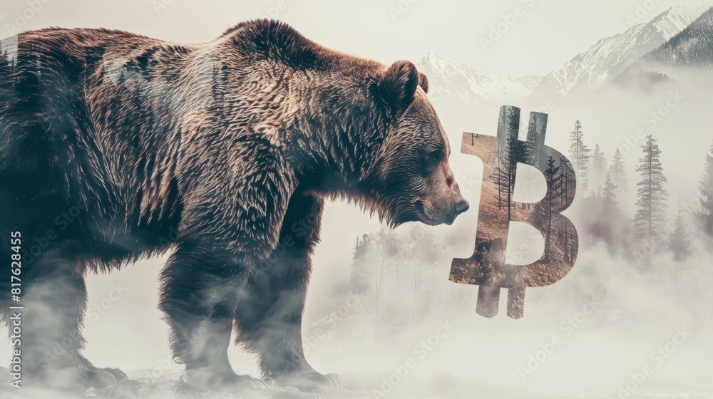 Poster A bear is standing in front of a mountain and a large B is floating in the air behind it
