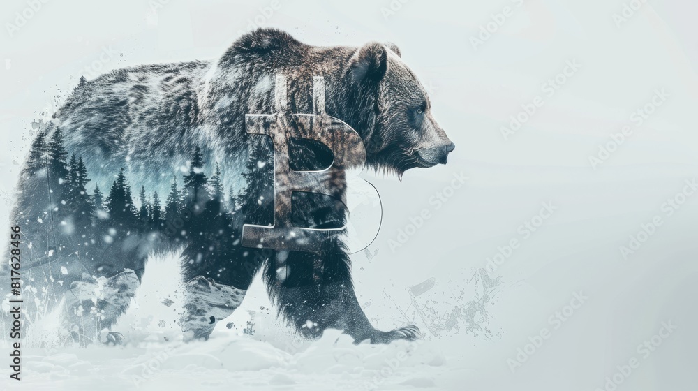 Poster A bear is walking through the snow with a large D on its back. The bear is surrounded by trees and the snow is falling. The image has a peaceful and serene mood, with the bear being the main focus