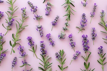 lavender plants flatlay on lilac background