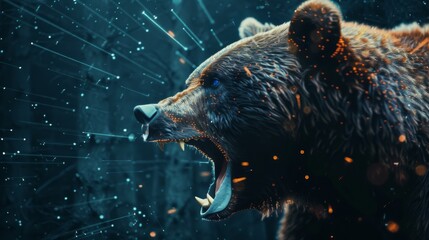A bear with its mouth open and teeth bared, surrounded by a blue background. The bear appears to be...