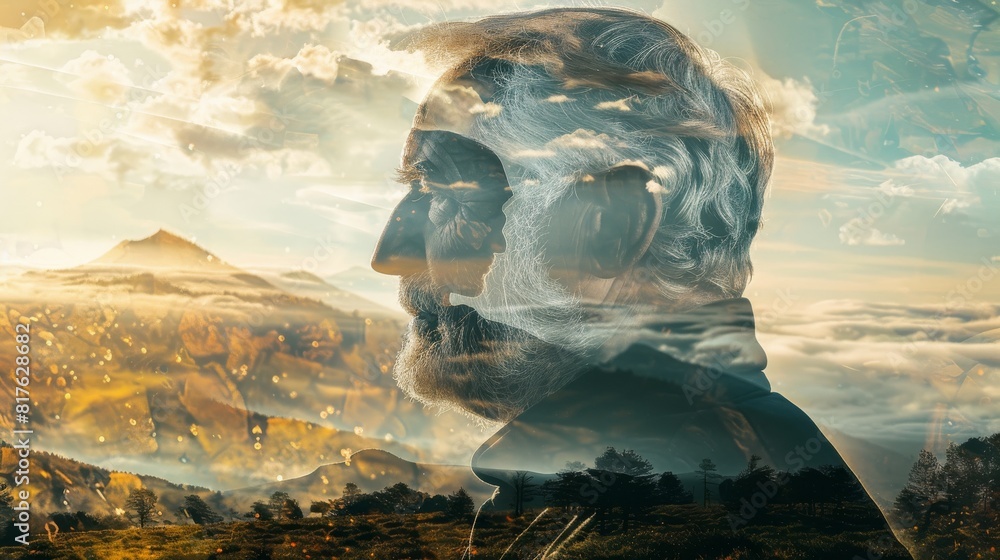 Poster a man's face is reflected in the water, with mountains in the background. the image has a dreamy, su