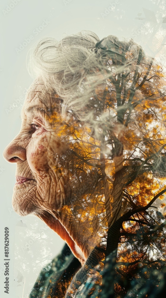 Poster a woman's face is shown in a tree trunk. concept of aging and the passage of time. the woman's featu