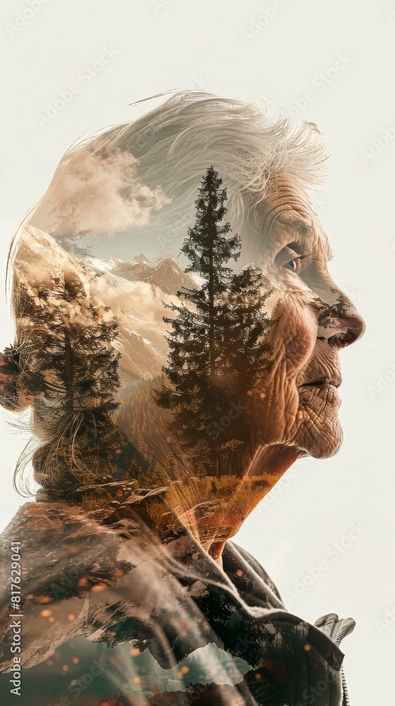 Poster a woman's face is shown in a photo with trees in the background. the photo is a creative and artisti