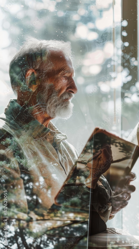 Poster A man is reading a book in front of a window. The image is a reflection of the man and the book, with the man's reflection appearing to be reading the book. Scene is peaceful and contemplative