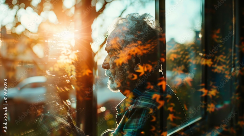 Poster a man is sitting in a bus with his head tilted to the side. the sun is shining through the window, c