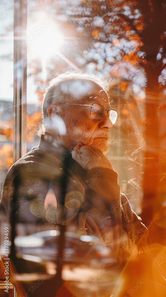Poster A man with a beard and glasses is sitting in front of a window. He is looking out of the window and he is deep in thought