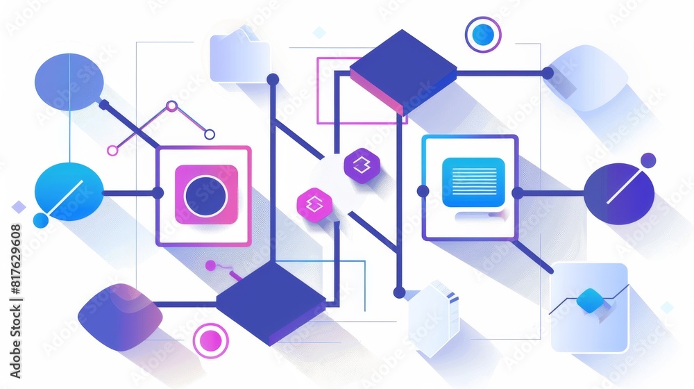 Poster a colorful image of a network of technology with a blue square in the middle. the square has the wor