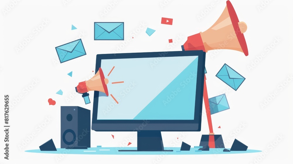 Poster a computer monitor with a large red speaker on it and a pile of envelopes. the idea of the image is 