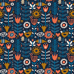 Plants and deer in nordic style seamless pattern.