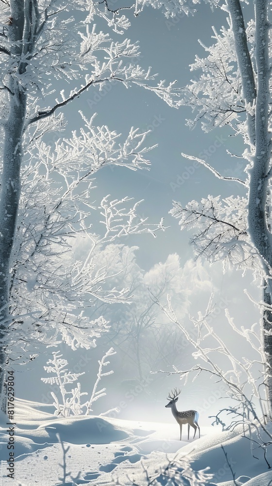 Poster a deer is standing in the snow in front of a forest. concept of tranquility and peacefulness, as the