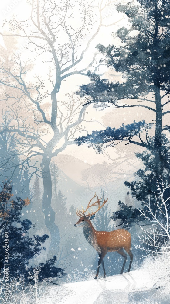 Poster a deer is walking through a snowy forest. the image has a peaceful and serene mood, with the deer be