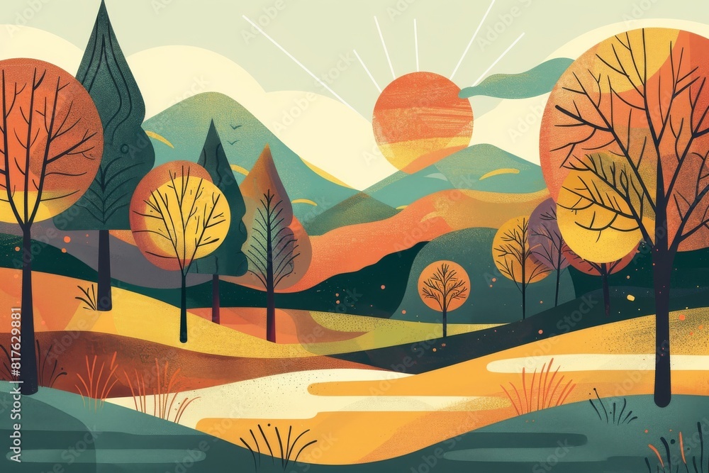 Poster a painting of a forest with a sun in the sky. the sun is setting and the trees are in various shades