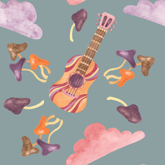 Seamless pattern with retro guitar, tape, clouds and mushrooms in watercolor. Vintage hippie music textile ornament clipart. Hand drawn nostalgic print for clothing, wallpaper, wrapping, scrapbooking