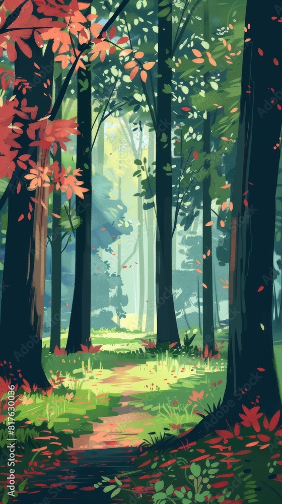 Poster a painting of a forest with trees and a path. the mood of the painting is peaceful and serene