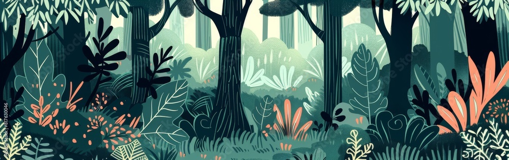 Poster a painting of a forest with trees and bushes. the painting is full of life and color, with a sense o