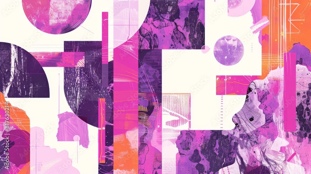 Poster a colorful abstract painting with a purple background and orange and pink shapes. the painting is fu