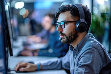 Fototapeta premium male customer service executive working at office. Service desk consultant talking in call center