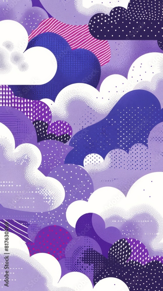 Poster a purple and white cloudscape with a lot of texture. the clouds are very large and the sky is very d