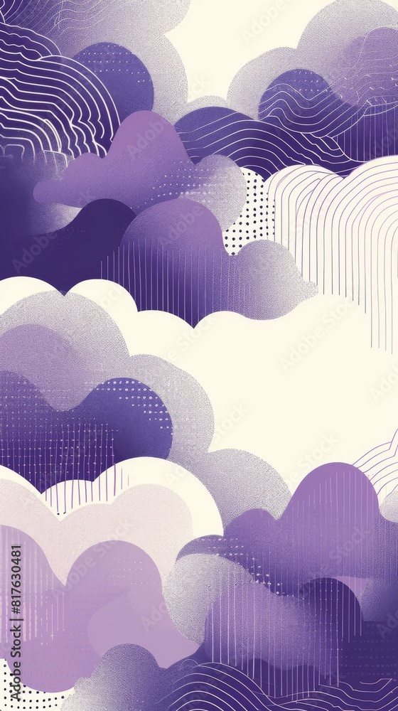 Poster a purple and white abstract painting of clouds. the clouds are in various sizes and shapes, and the 