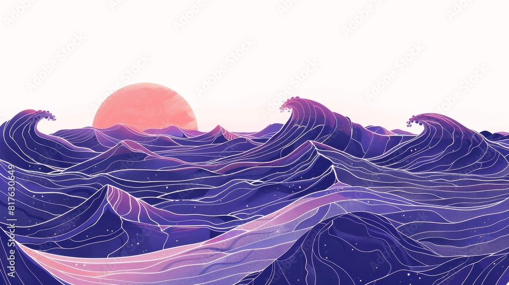 Poster A computer generated image of a blue ocean with a pink sun in the background. The waves are crashing and the sky is filled with a warm, calming light. Scene is serene and peaceful, with the sun